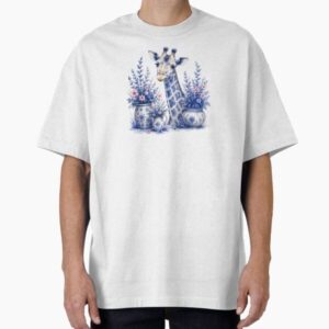 Blue Watercolor Giraffe Among Flowers — graphic tee